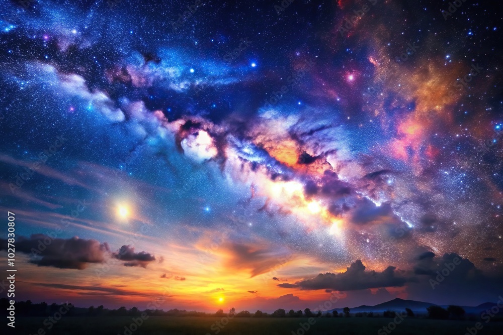Obraz premium A stock photo showcasing the beauty of a night sky with a nebula and galaxy background capturing the serene and mesmerizing ambiance of outer space, tranquility, infinite, ethereal, galactic