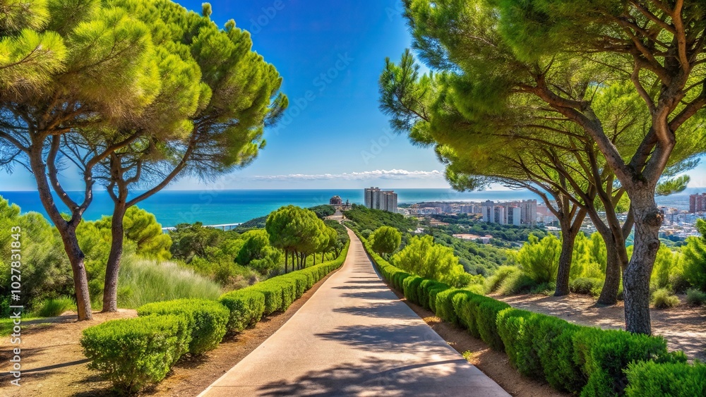 way leading from Benicassim to Oropesa creating a forced perspective effect with vibrant trees and plants lining the path the clear blue sky above and the distant cityscape visible in the background way leading from Benicassim to Oropesa creating a forced perspective effect with vibrant trees and plants lining the path the clear blue sky above and the distant cityscape visible in the background