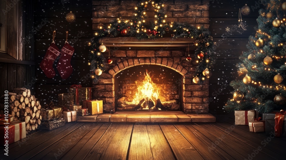Obraz premium Christmas background with festive ornaments and a glowing fireplace
