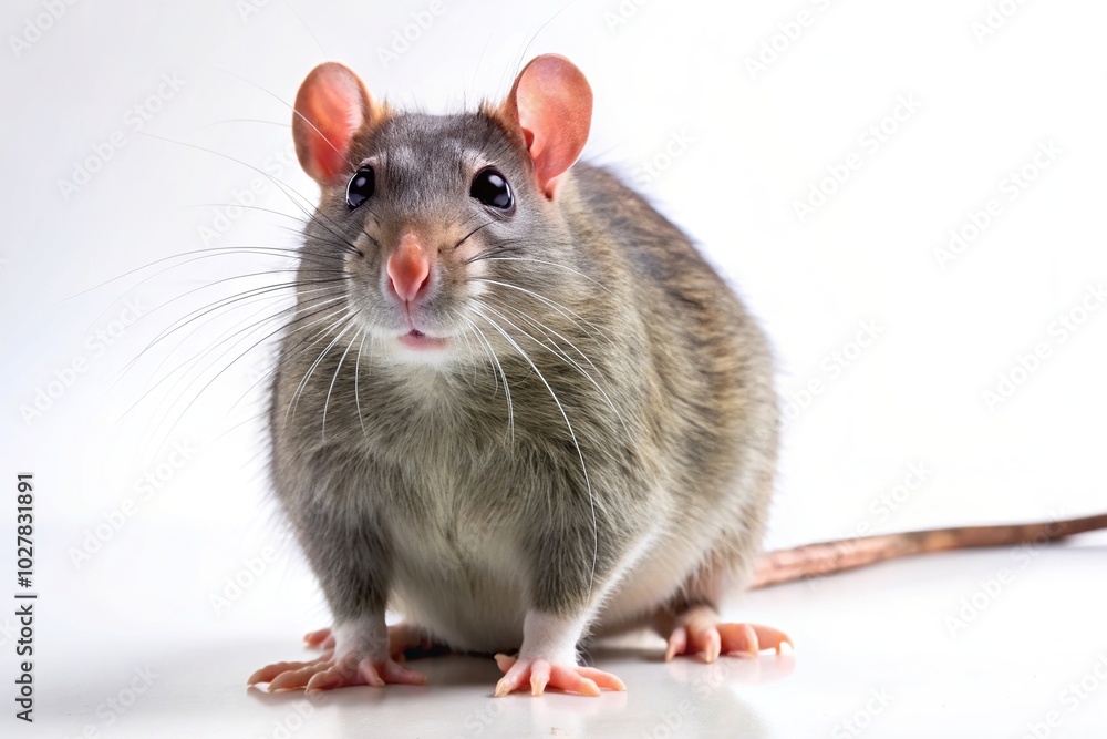 A close up photograph of a large rat with a lengthy tail in a worm s eye view on a plain white background, animal, rodent, worm's eye view, wildlife, fauna, white background,rat, long tail A close up photograph of a large rat with a lengthy tail in a worm s eye view on a plain white background, animal, rodent, worm's eye view, wildlife, fauna, white background,rat, long tail