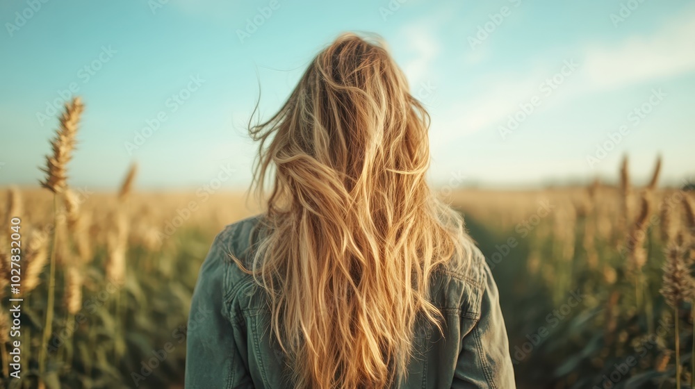 A woman stands with her back to the camera in a field of tall grasses, her hair flowing in the breeze, under a clear blue sky, conveying freedom and natural simplicity. A woman stands with her back to the camera in a field of tall grasses, her hair flowing in the breeze, under a clear blue sky, conveying freedom and natural simplicity.