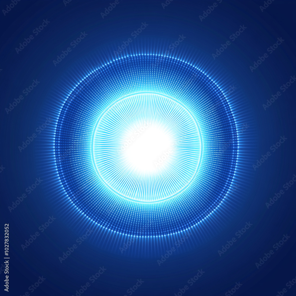 Bright blue light emanating from central point, creating radiant circular pattern against deep blue background. This evokes sense of energy and illumination