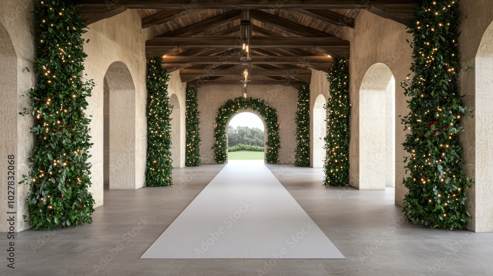 Elegant corridor adorned with greenery, leading to a serene outdoor view. Elegant corridor adorned with greenery, leading to a serene outdoor view.