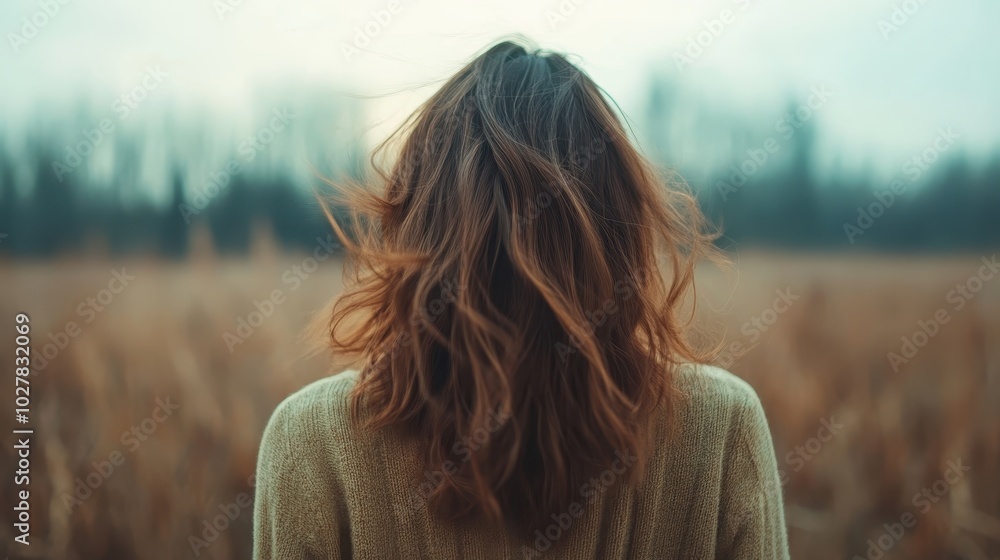 A woman with brown hair stands in a field, back facing the camera, with a soft focus on the background, evoking a sense of tranquility and solitude in nature. A woman with brown hair stands in a field, back facing the camera, with a soft focus on the background, evoking a sense of tranquility and solitude in nature.
