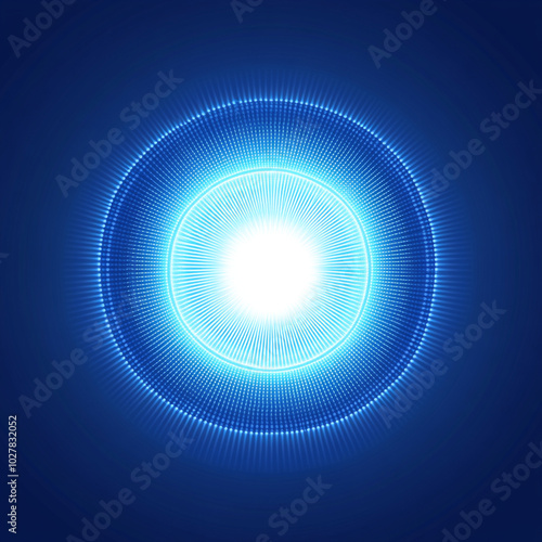 Bright blue light emanating from central point, creating radiant circular pattern against deep blue background. This evokes sense of energy and illumination