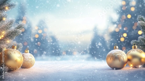 Christmas background with festive ornaments and a snowy landscape
