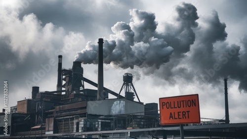 Industrial factory emitting smoke with pollution alert sign.