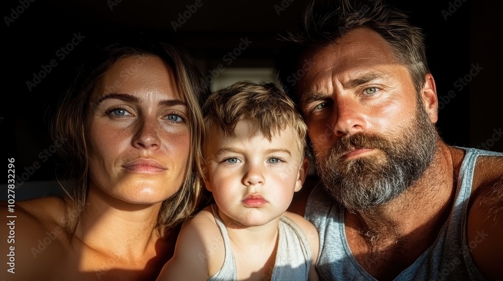 A captivating portrait of father, mother, and child sitting closely in a well-lit room, expressing deep and intimate emotions while facing the viewer head-on. A captivating portrait of father, mother, and child sitting closely in a well-lit room, expressing deep and intimate emotions while facing the viewer head-on.