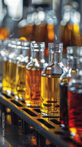 row of glass bottles filled with different colored liquids, arranged on production line in factory setting. industrial production, automation, manufacturing process