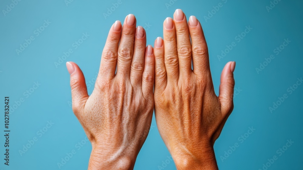 Two older hands, shown with natural signs of wear, rest gently on a calming blue background, symbolizing wisdom, experience, and the passage of time in serenity. Two older hands, shown with natural signs of wear, rest gently on a calming blue background, symbolizing wisdom, experience, and the passage of time in serenity.