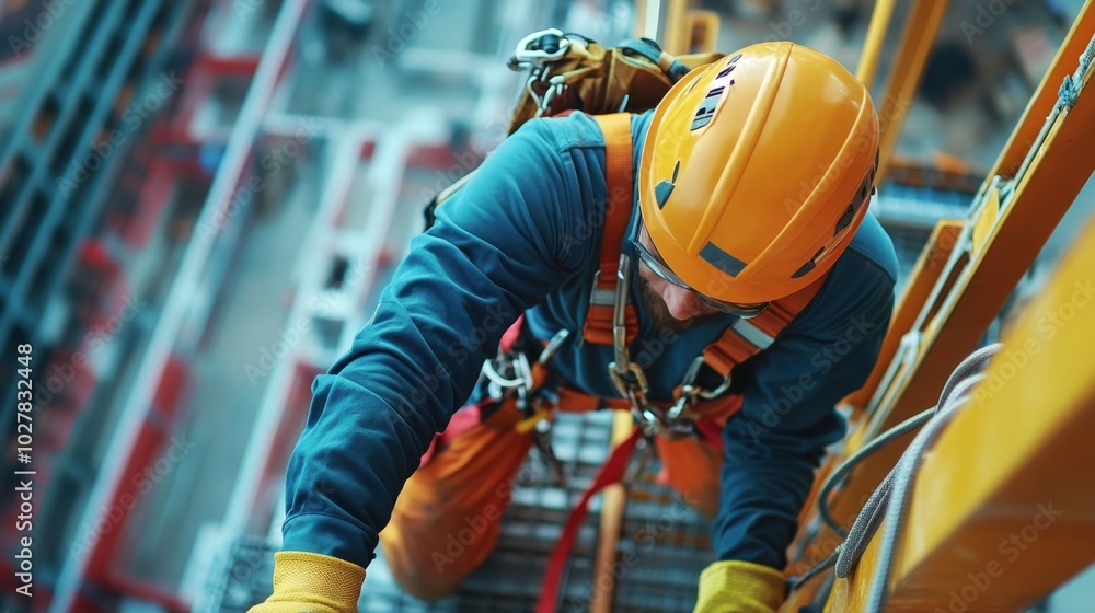 Close-up of a construction worker wearing a safety harness and helmet, working from an elevated platform with safety measures Close-up of a construction worker wearing a safety harness and helmet, working from an elevated platform with safety measures