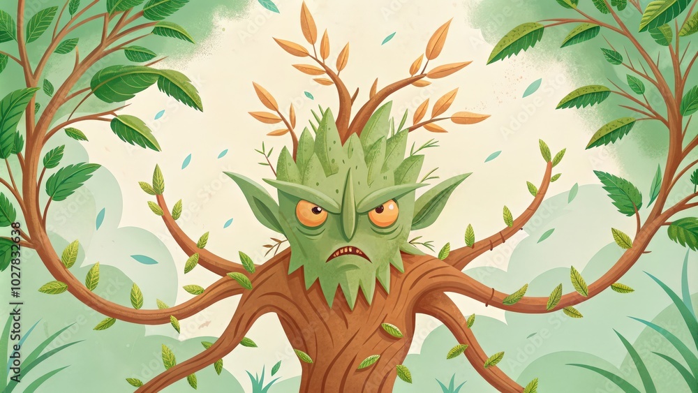 An Angry Tree Monster with Green Leaves and Brown Branches An Angry Tree Monster with Green Leaves and Brown Branches
