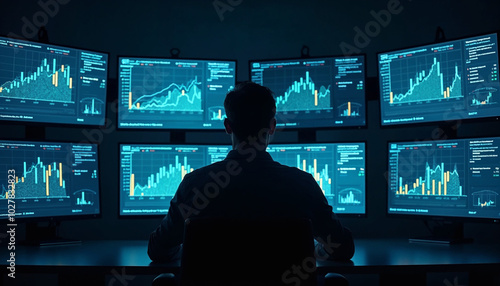 A silhouetted figure of a man sitting in front of multiple computer screens displaying financial charts and graphs