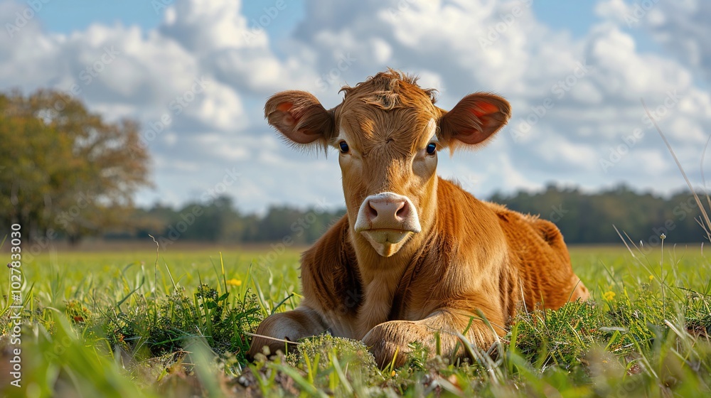 Red Cow Resting in a Field with Cloudy Sky Red Cow Resting in a Field with Cloudy Sky
