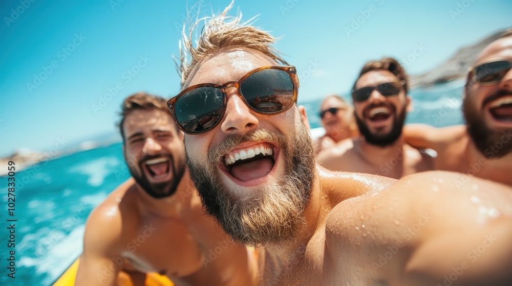 A group of friends on a boat celebrates together under the bright blue sky, smiling and enjoying the perfect day at sea, embodying joy and friendship. A group of friends on a boat celebrates together under the bright blue sky, smiling and enjoying the perfect day at sea, embodying joy and friendship.