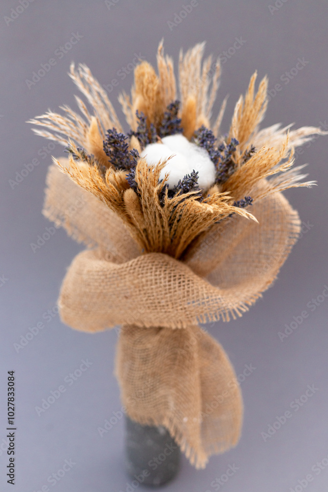 Bouquet of lavender and cotton wrapped in burlap. Handmade Bouquet of lavender and cotton wrapped in burlap. Handmade