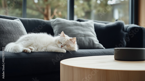Wallpaper Mural Fluffy white cat sleeping on a comfortable couch in a cozy modern living room with large windows. Torontodigital.ca