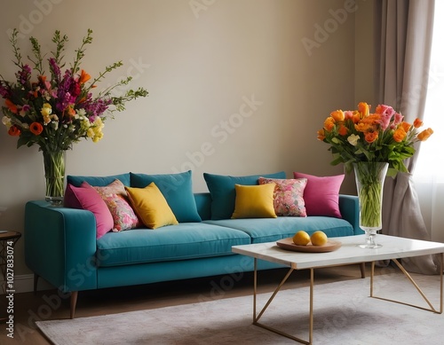 Minimal modern clean living room well furnished with sofa colorful pillows lying on a sofa  photo