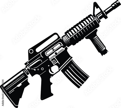 Graphic black detailed silhouette pistols, guns, rifles, submachines, revolvers and shotguns. Isolated on white background
