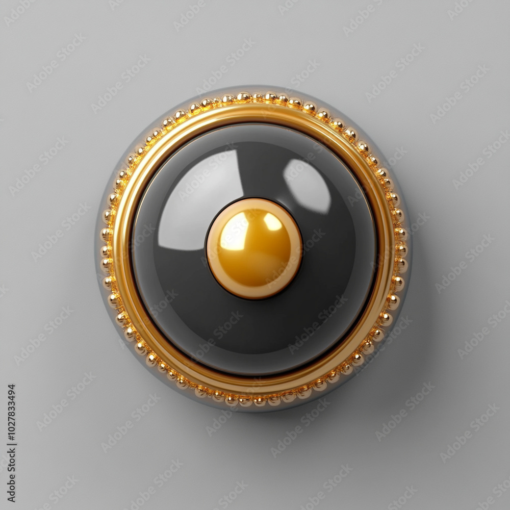 decorative round button featuring glossy black surface with central gold accent, surrounded by beaded gold trim, set against simple grey background decorative round button featuring glossy black surface with central gold accent, surrounded by beaded gold trim, set against simple grey background
