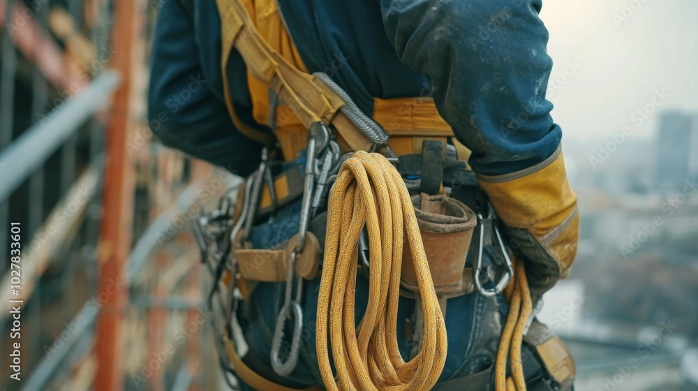 Close-up of a worker's safety harness, helmet, and ropes while working at a significant height on a construction site Close-up of a worker's safety harness, helmet, and ropes while working at a significant height on a construction site