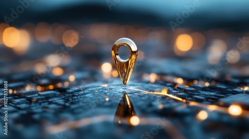 Wallpaper Mural A shiny, golden 3D location pin prominently hovers over a detailed, reflective city map, illuminated with glowing network connections, symbolizing global reach. Torontodigital.ca