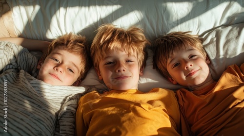 Three happy children lie side by side on a bed, basking in the warm afternoon sun streaming through a window, their faces beaming with joy and contentment.