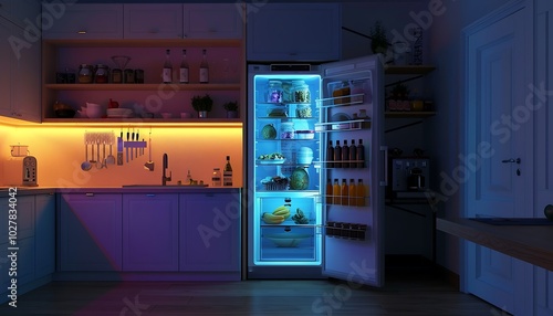 Open fridge in the dark kitchen at night.