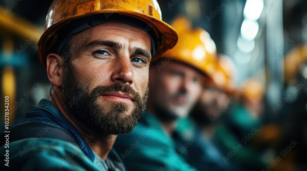 Close-up of a male factory worker in a helmet and green attire, deeply focused amid blurred coworkers, capturing intensity and teamwork in an active environment. Close-up of a male factory worker in a helmet and green attire, deeply focused amid blurred coworkers, capturing intensity and teamwork in an active environment.