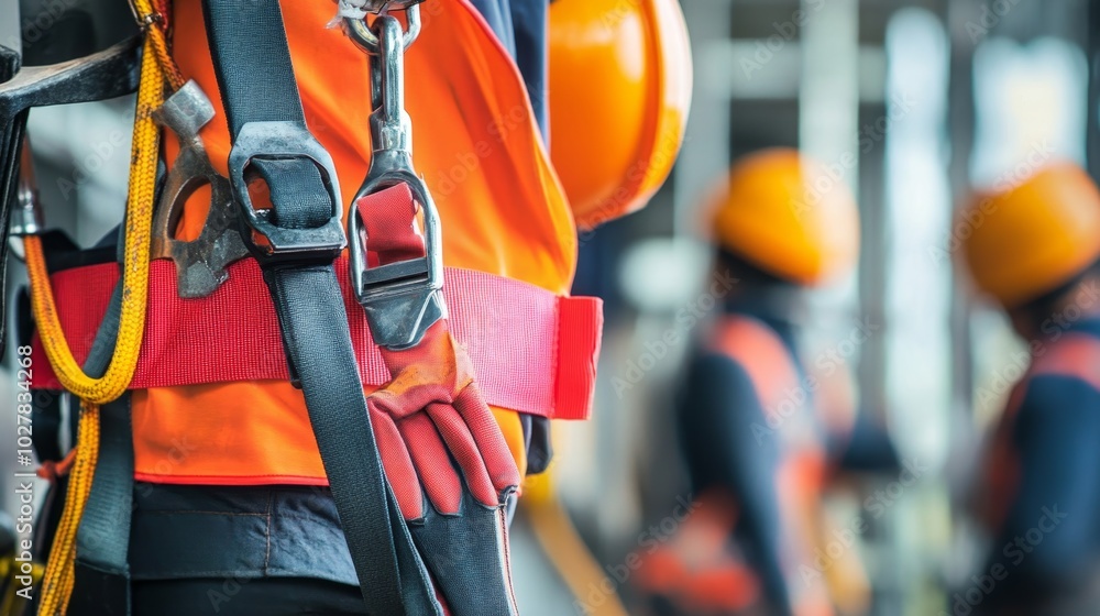 Close-up of construction site safety gear such as helmets, gloves, and harnesses with workers in the background Close-up of construction site safety gear such as helmets, gloves, and harnesses with workers in the background