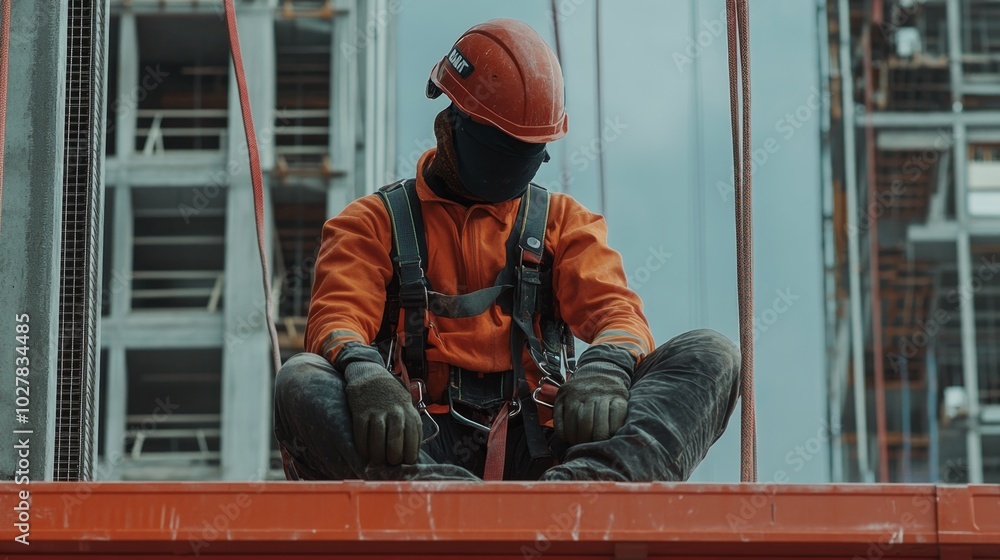 Close-up of construction workers safety harness and helmet, working from an elevated platform with visible safety equipment Close-up of construction workers safety harness and helmet, working from an elevated platform with visible safety equipment