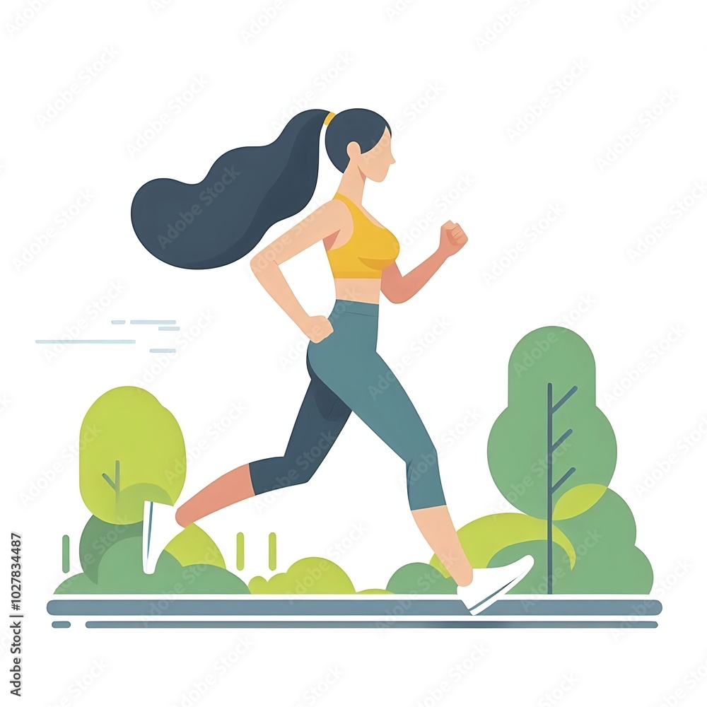 Woman Jogging in a Park, Flat Style Illustration on White Background Woman Jogging in a Park, Flat Style Illustration on White Background