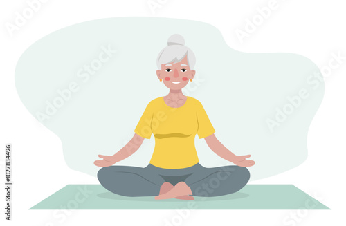 An elderly woman practices yoga at home. Vector illustration on a white background.