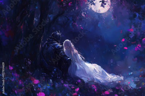A romantic and melancholic piece of art in a dark fantasy style, depicting a princess and a knight standing in a field filled with colorful flowers.