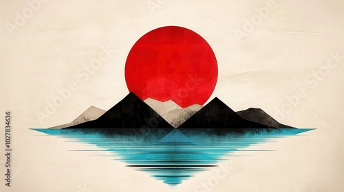 Stylized mountains silhouette with a large red sun reflection on water.