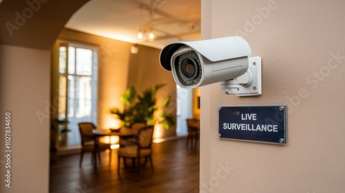 Surveillance camera mounted on wall with live monitoring sign in modern interior.