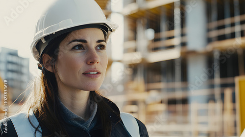 A female project manager leading a construction site visit wearing a hard hat and confidently explaining the projects progress to her team.