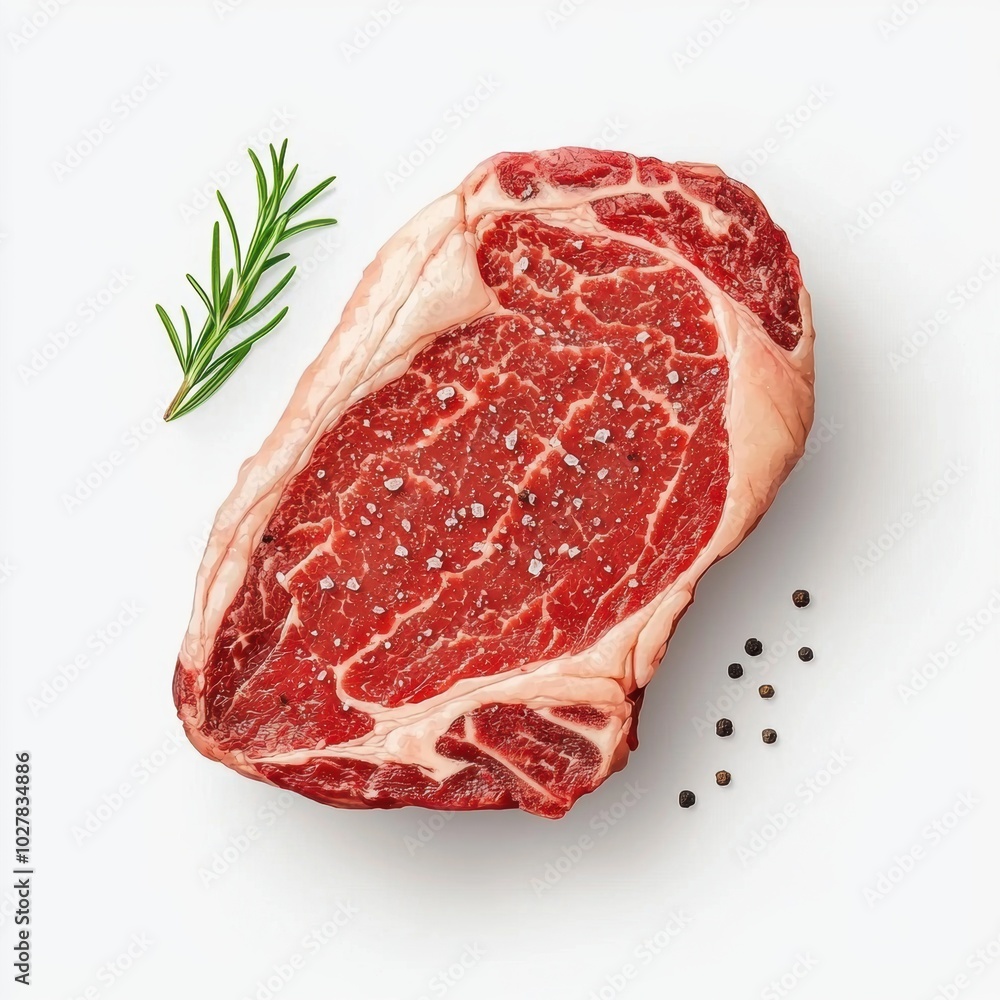 Obraz premium Fresh raw ribeye steak with rosemary and pepper on a white isolated background.
