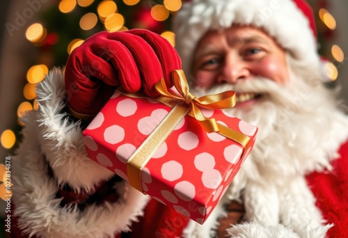 Close-Up of Santa Claus Holding a Christmas Gift with Magical Holiday Lights. Santa Claus' Hand with Gift and Sparkling Ribbon, Festive Bokeh Background. photo