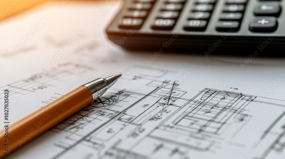 Close-up of engineering calculations and diagrams on a blueprint, with a pair of compasses and a calculator visible Close-up of engineering calculations and diagrams on a blueprint, with a pair of compasses and a calculator visible