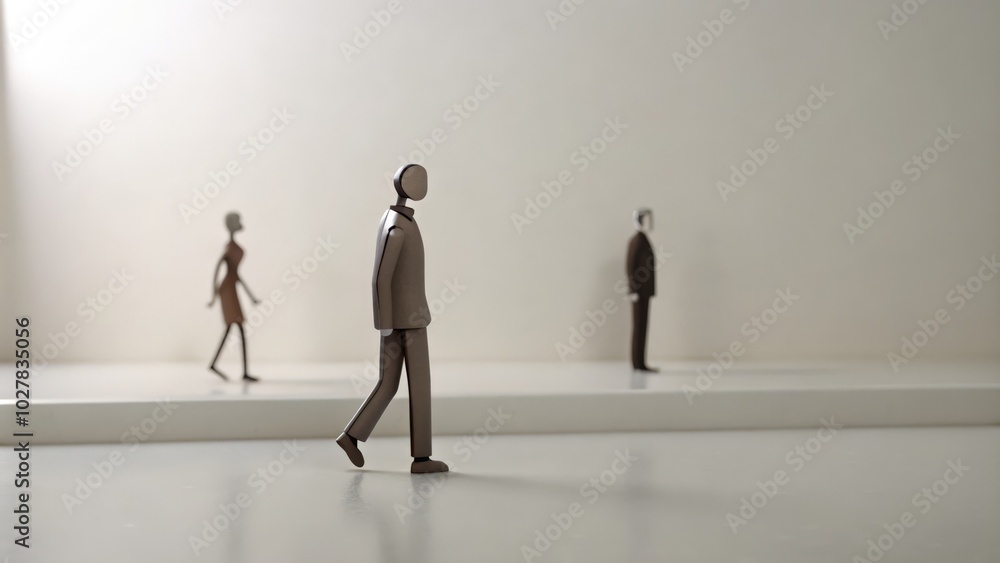 Fototapeta premium Three Wooden Figurines Walking on a White Surface