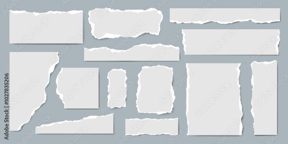 White Torn Paper pieces set. Paper sheet with Ripped edges. Empty highlight Frame. Abstract Scraps shape. Element for notes banner collage text box social media Design. Vector illustration