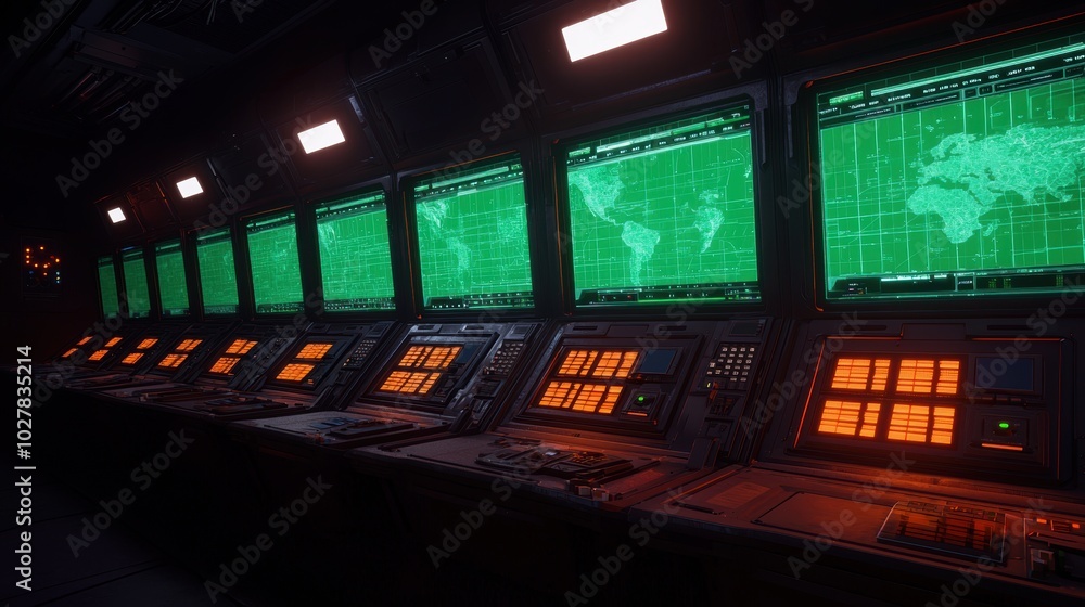 Futuristic control room with multiple screens. Futuristic control room with multiple screens.