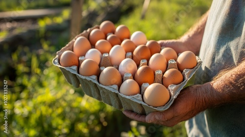 Close-up of hands holding a carton of organic eggs with a farm background photo