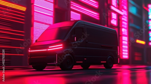 Futuristic delivery van, neon city background