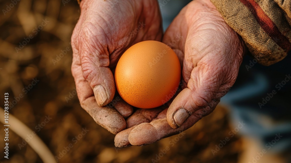Close-up of hands holding a fresh chicken egg just collected from a coop on a farm Close-up of hands holding a fresh chicken egg just collected from a coop on a farm