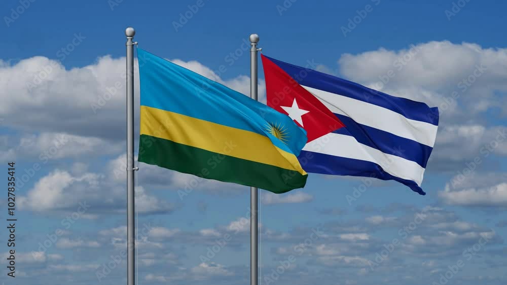 Cuba and Rwanda flags flying together, video concept of the relationship, two country cooperation concept Cuba and Rwanda flags flying together, video concept of the relationship, two country cooperation concept