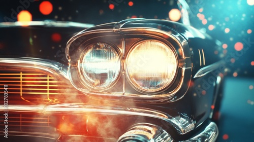 Classic Car Headlight with Bokeh and Glowing Lights