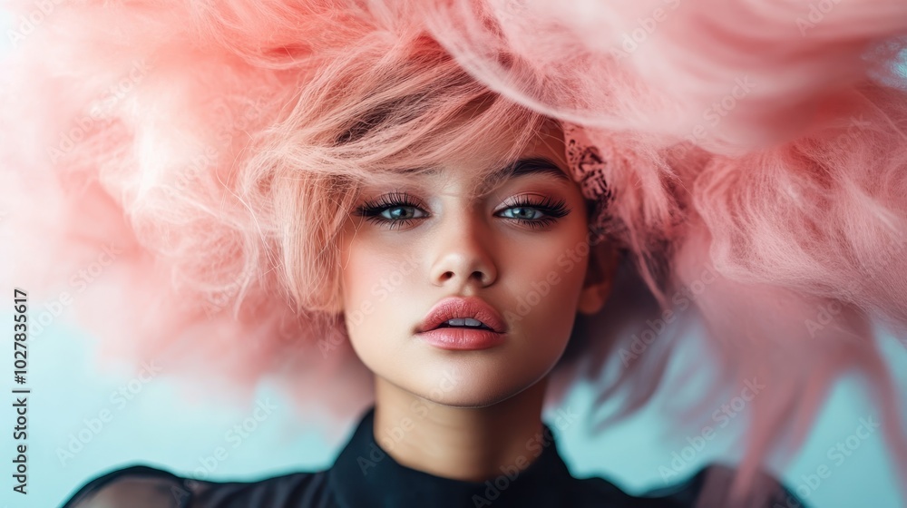 A close-up portrait of a person with voluminous pink hair and captivating eyes, showcasing beauty and style against a soft background in stunning detail. A close-up portrait of a person with voluminous pink hair and captivating eyes, showcasing beauty and style against a soft background in stunning detail.