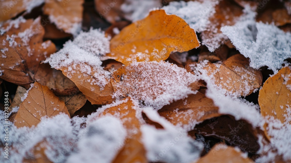 Close-up of Fresh Snow on a Pile of Autumn Leaves Close-up of Fresh Snow on a Pile of Autumn Leaves